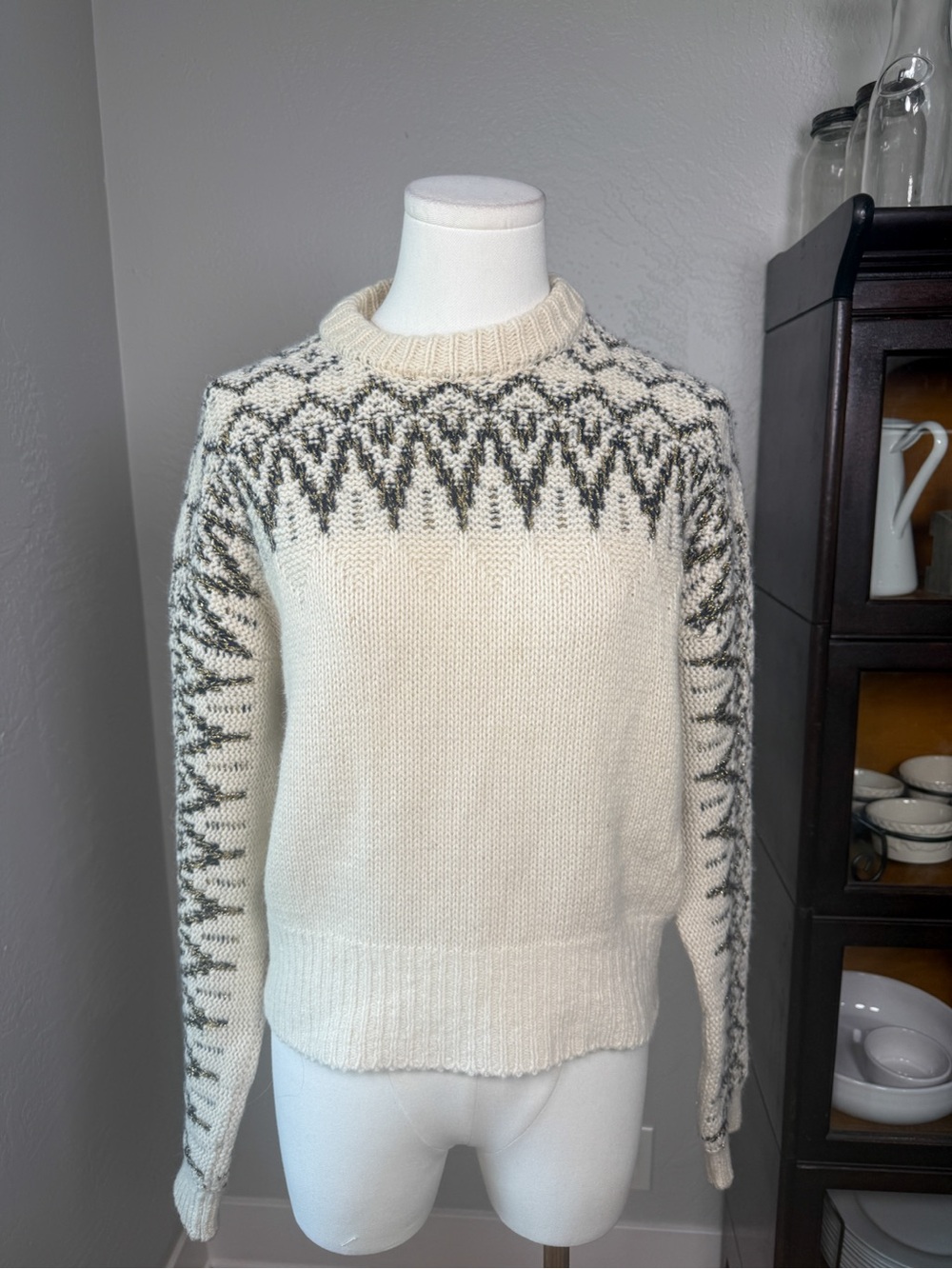 Vanessa Bruno Fair Isle Alpaca Wool Metallic Knit Sweater Cream Black Gold S